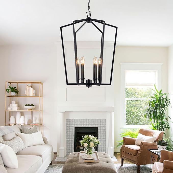 Vezzio 6-Light Black Chandelier for Entryway Foyer, D25 Inch Modern Farmhouse Industrial Pendant Light Fixture Adjustable Chain Dimmable for High Ceiling Dining Room Kitchen Island Hallway Stairway