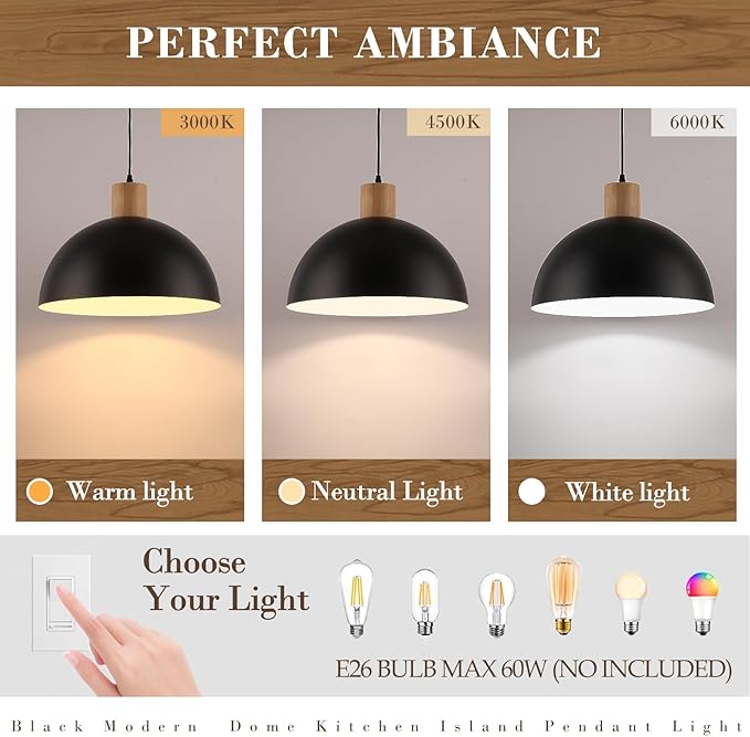 Black Solid Wood Pendant Light, 16in Modern Matte Black Pendant Lights Fixtures Adjustable Farmhouse Hanging Lighting,for Kitchen Island Dining Room Barn Office