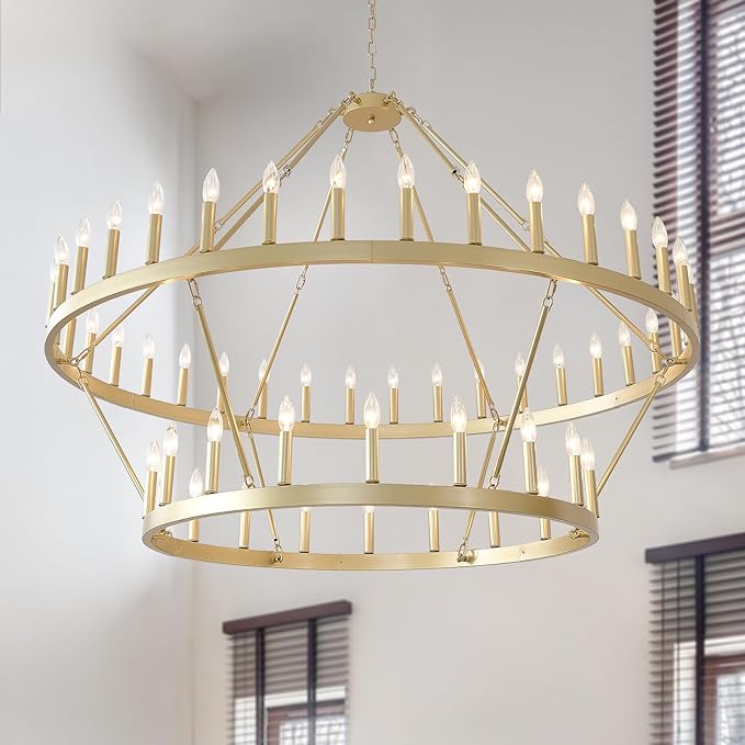 HHR 60" Gold Wagon Wheel Chandelier 2-Tier, Extra Large Farmhouse Chandelier for High Ceilings 54-Light, Round Gold Chandeliers Light Fixture for Foyer, Entryway, Dining Room, E12