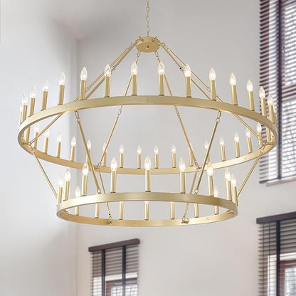 HHR 60" Gold Wagon Wheel Chandelier 2-Tier, Extra Large Farmhouse Chandelier for High Ceilings 54-Light, Round Gold Chandeliers Light Fixture for Foyer, Entryway, Dining Room, E12
