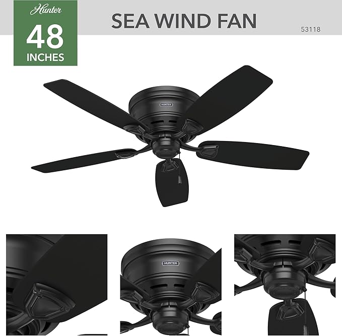 Hunter 48 inch Outdoor or Indoor Ceiling Fan No Light - Low Profile Flush Mount, Black Ceiling Fan without Light, For Patio, Porch, Garage, or Living Room, 5 Blades - Sea Wind 53118, Matte Black
