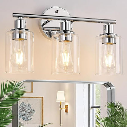 Zarbitta 3-Light Bathroom Light Fixtures, Chrome Bathroom Wall Light with Clear Glass Shade, Bathroom Wall Lamp for Mirror Kitchen Living Room Hallway Cabinet