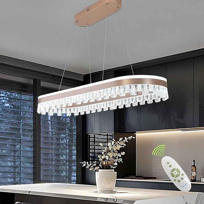 Modern Chandelier for Dining Room,Gold Led Crystal Chandelier Light Fixture Dimmable Pendant Light for Kitchen Island Lighting 3000K-6500K with Remote