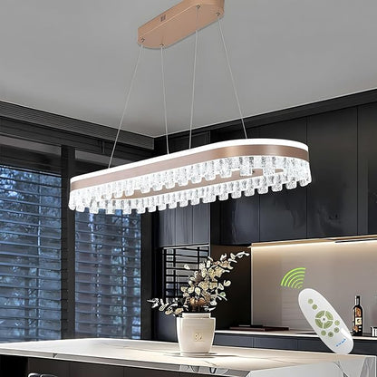 Modern Chandelier for Dining Room,Gold Led Crystal Chandelier Light Fixture Dimmable Pendant Light for Kitchen Island Lighting 3000K-6500K with Remote