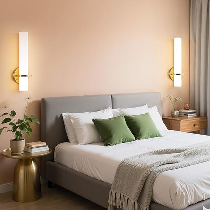 AIJIASI Battery Operated Gold Wall Sconces - 15 Inch Modern Sconce Wall Lighting 3000K-6000K Dimmable LED Wall Sconces Set of Two, Indoor Bathroom Sconce for Living Room Bedroom Hallway Stairway