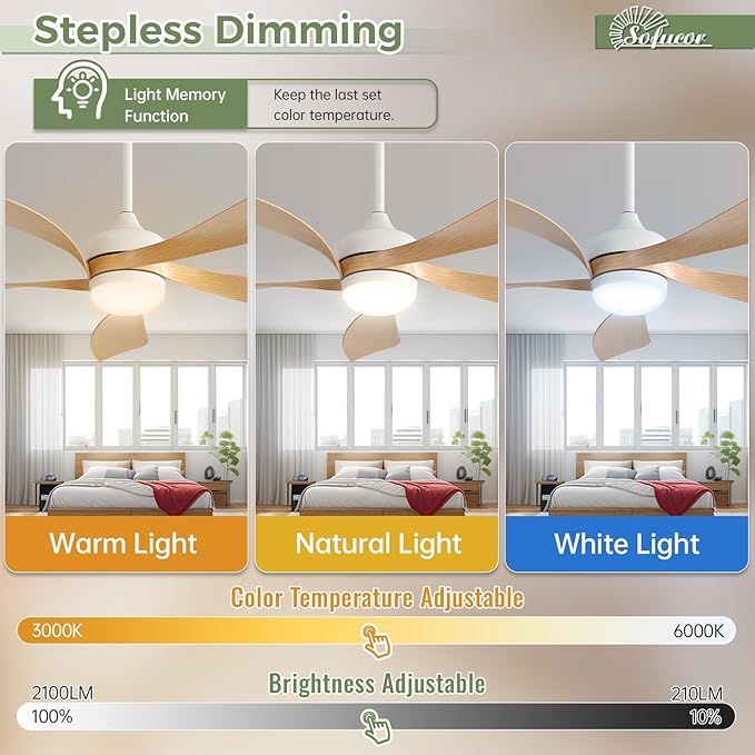 Sofucor 52" Smart Ceiling Fan, Indoor/Outdoor Ceiling Fans with Lights and Remote, Compatible with Alexa/Google/App, 3-Color Light 6-Speed Timing Reversible DC Motor for Bedroom Living Room Patio