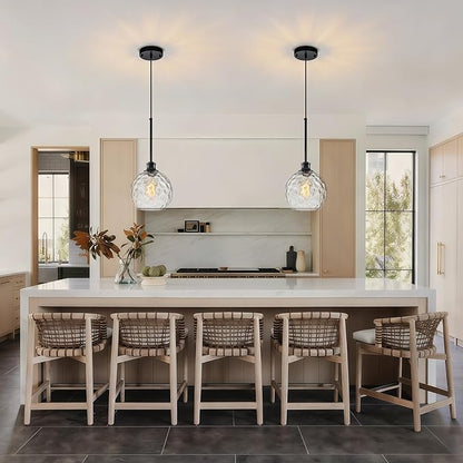 Glass Pendant Light Fixtures, Black Globe Pendant Lights Kitchen Island with 7.8" Clear Hammered Glass, Adjustable Hanging Farmhouse Kitchen Island Lighting For Bathroom Dining Room Sink 1 Pack