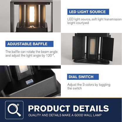 2 Pack LED Outdoor Wall Lights Exterior/Interior 3 Colors Adjustable 15W Wall Light Fixture IP65 Waterproof Porch Exterior Wall Sconce Modern Outdoor Lighting Square Aluminum Black Up and Down Lights