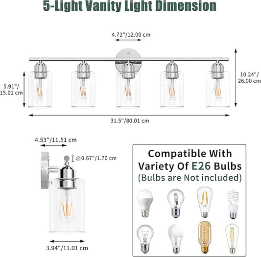 Bathroom Vanity Light Fixtures Polished Chrome Bathroom Lighting Fixture, 5 Lights Bathroom Light Fixture Over Mirror, Modern Black Vanity Light, Wall Sconces with Glass Shades