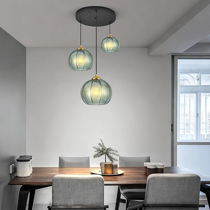 Mint Green Glass Chandelier, 3 Light Pendant Light Fixtures Kitchen Island Lighting Century Modern Kitchen Island Pendant Lighting Hanging Lights Multi Light Cluster Pendant Lighting（Without Bulb）