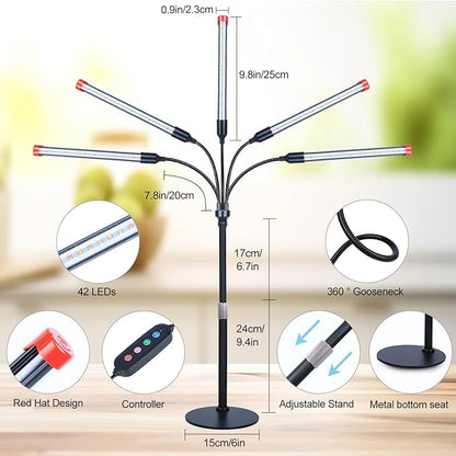 FECiDA 2026 5Head Table Top Grow Lights for Seed Starting, Indoor Plants, Bonsai, 45 Watt Power Draw, NO Need Adapter, 4/8/12/16/20H Timer, 16"-24" Height Adjustable, Big Coverage