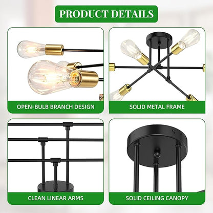 Modern Sputnik Chandelier Ceiling Light Fixtures, 6-Lights 22” Mid Century Industrial Metal Semi Flush Mount for Dining Room, Bedroom, Living Room-Black and Gold