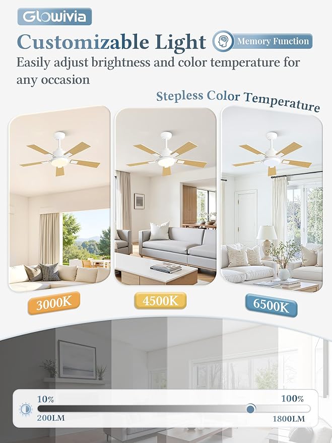 42 Inch Ceiling Fans with Lights and Remote&APP Control, White Smart Ceiling Fan with 3000-6000K Dimmable, 6 Speeds Quiet Reversible Motor, Indoor/Outdoor Ceiling Fan for Bedroom Living Room