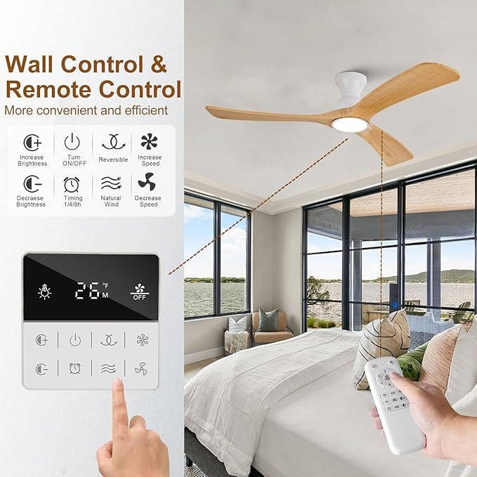 Flush Mount Ceiling Fans with Lights,52 inch,Remote Control,Wall Switch,Solid Wood Blades,Dimmable,Reversible Noiseless,Power Off Memory Modern Ceiling Fan Indoor/Outdoor for Bedroom Patios