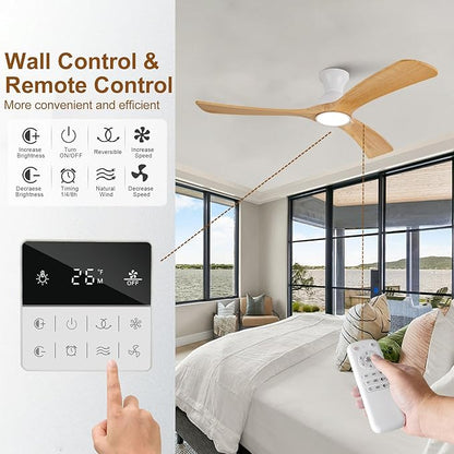 Flush Mount Ceiling Fans with Lights,52 inch,Remote Control,Wall Switch,Solid Wood Blades,Dimmable,Reversible Noiseless,Power Off Memory Modern Ceiling Fan Indoor/Outdoor for Bedroom Patios
