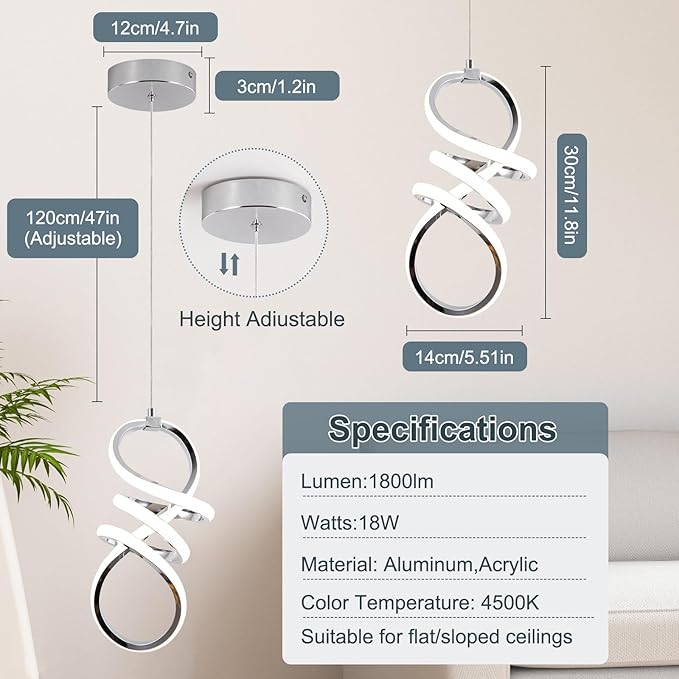 EIDISUNY Modern Led Pendant Light Fixture, 15W Chrome Spiral Pendant Light Kitchen Island, 4500K Daylight White Pendant Lamp, Adjustable Height Chandelier for Kitchen Dining Room Bedroom (3 Packs)