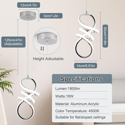 EIDISUNY Modern Led Pendant Light Fixture, 15W Chrome Spiral Pendant Light Kitchen Island, 4500K Daylight White Pendant Lamp, Adjustable Height Chandelier for Kitchen Dining Room Bedroom (3 Packs)