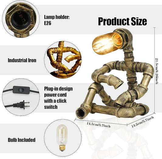 Steampunk Decor Table Lamp for Men Unique Creative Robot Style Desk Lamp,Vintage Industrial Metal Pipe Water Pipe Light, Home Decor Ideal for Bedrooms,Study. (Bronze A)
