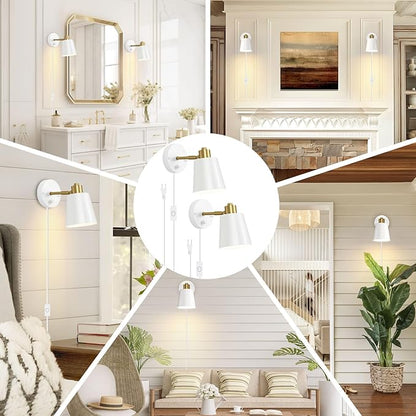 Lomoky Dimmable Wall Sconces Set of 2, Adjustable Angle Wall Lights with Plug in Cord and Dimmer On/Off Knob Switch, Hardwired Indoor White Wall Lamp for Bedside Bedroom Bathroom (2 Bulbs Included)