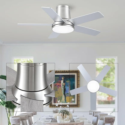 42 Inch Ceiling Fans with Lights and Remote, Flush Mount Nickel Ceiling Fan for Bedroom Living Room Indoor/Outdoor, Quiet 6 Speed Reversible DC Motor, 3CCT, Dual Color 5 Blades, ETL Listed