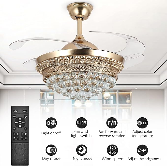 42" Invisible Ceiling Fan Chandelier with Light,Modern Crystal Ceiling Fan Light Remote Control 4 Retractable ABS Blades for Bedroom Living Dining Room Decoration (Golden)