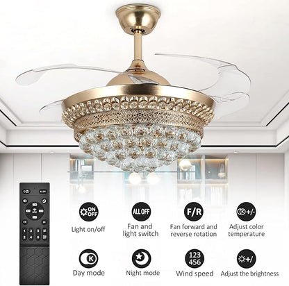 42" Invisible Ceiling Fan Chandelier with Light,Modern Crystal Ceiling Fan Light Remote Control 4 Retractable ABS Blades for Bedroom Living Dining Room Decoration (Golden)