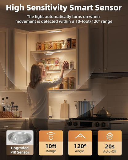EZVALO 8-Inch LED Under Cabinet Lighting, Magnetic Wireless Motion Sensor Light, Rechargeable 1800mAh, 3 Color Temperatures & Dimmable, for Kitchen, Closet, Pantry, Stairs