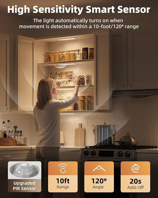 EZVALO 11.8-inch Under Cabinet Lighting, 2400mAh Rechargeable Motion Sensor Light, 3 Color Temperatures, Dimmable Magnetic Wireless Light for Kitchen, Pantry, Closet, Stairs