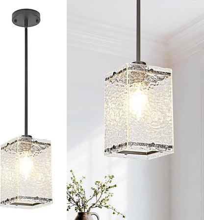 Water Ripple Glass Pendant Lights Black Pendant Lights Kitchen Island Adjustable Modern Hanging Pendant Light Fixtures for Sink Kitchen Dining Room Foyer Entryway, 1 Pack