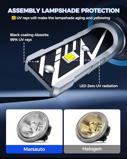 Marsauto H11/H16/H8 LED Fog Light Bulb, 14,000LM 6500K White H11 H16 H8 LED Fog Lights, 70000HRS Lifespan H11 Fog Light Bulbs for Car, Play and Plug, Exterior Lighting