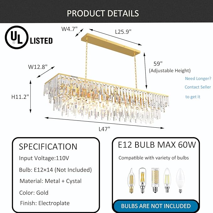 Rectangle Chandeliers for Dining Room, 47" Gold Modern Top K9 Rectangle Crystal Chandelier 14 Lights Rectangular Adjustable Pendant Ceiling Light Fixture for Dining Room Kitchen Island