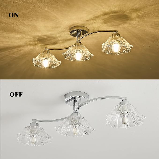 Semi Flush Mount Ceiling Light Fixture,3 Lights Modern Glass Shade Chandelier, Mini Ceiling Fixture for Entryway, Kitchen, Bedroom, Silver
