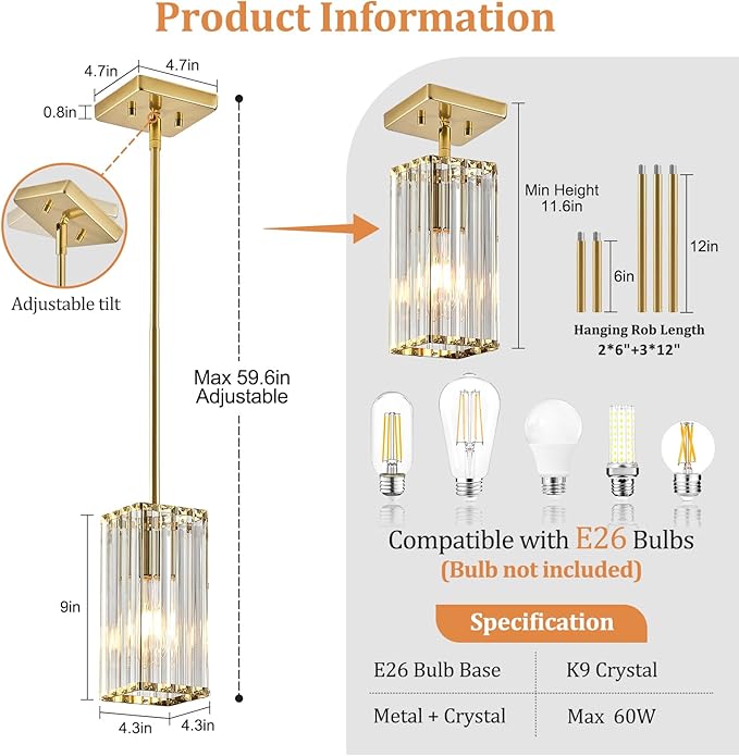 Modern Crystal Pendant Lights Kitchen Island, 2-Pack Brushed Gold Hanging Light with Clear Crystal Shade, Adjustable Height Pendant Lighting for Kitchen Island Dining Room Bedroom Bar Entryway