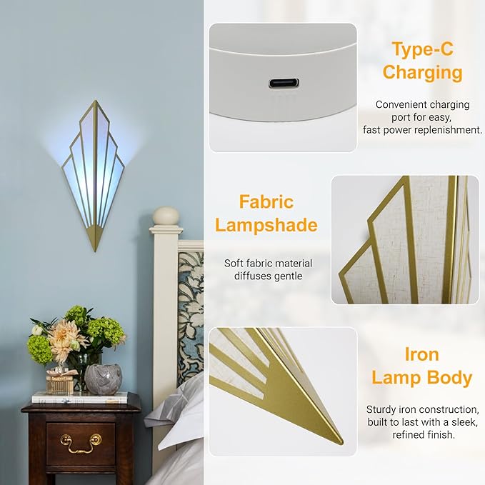 Modern Battery Operated Wall Sconces Set of Two, Simple Creative Wall Lamp Art Deco Lighting Fixture with Remote Control, RGB Dimmable Led Wall Light for Bedside Bedroom Living Room (Gold)