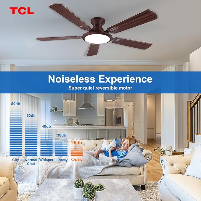 TCL 52" Ceiling Fan with Light: Wood Grain Blades Copper Bronze Finish Low Profile Ceiling Fan with Light and Remote Control Flush Mount DC Reversible Motor Noiseless 6 Speeds for Bedroom(Brown)
