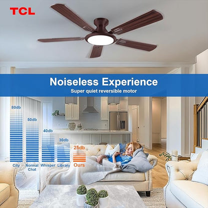 TCL 52" Ceiling Fan with Light: Wood Grain Blades Copper Bronze Finish Low Profile Ceiling Fan with Light and Remote Control Flush Mount DC Reversible Motor Noiseless 6 Speeds for Bedroom(Brown)