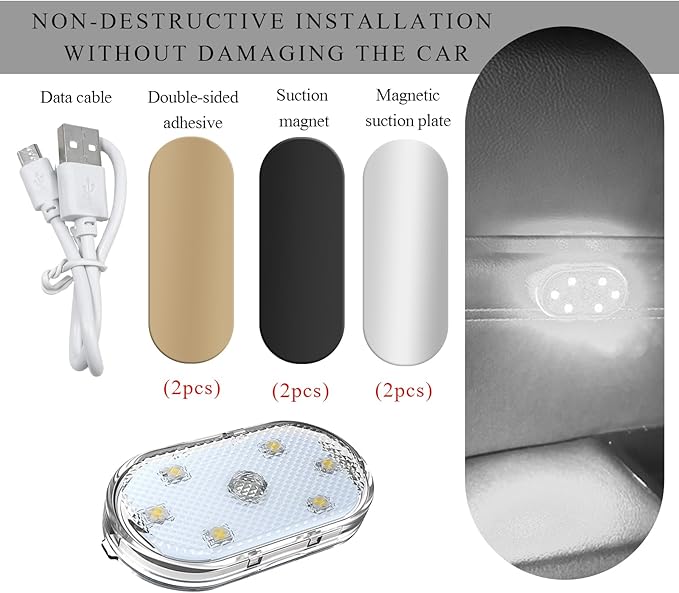 Wevdn 2 PCS Car LED Lights Interior Wireless, Sticky Car Ambient Lighting with 6 Bright LED Lamp Beads, Portable USB Rechargeable Vehicle Interior Led Night Light for Car (White)