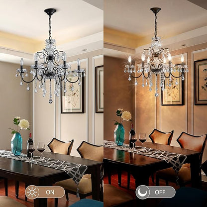 Bestier Black Finish Elegent Crystal Candle Candelabra Chandelier 6 Light Lighting Fixture LED Pendant Ceiling Light Dia 26 in x H 26 in