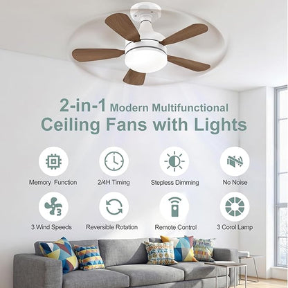 17.7" Socket Fan Light, E26/E27 Light Bulb Fan with Reversible Motor, 3000 Lumens Small Ceiling Fans with Lights and Remote, Dimmable 3000K-6500K for Bedroom Kitchen Living Room Garage