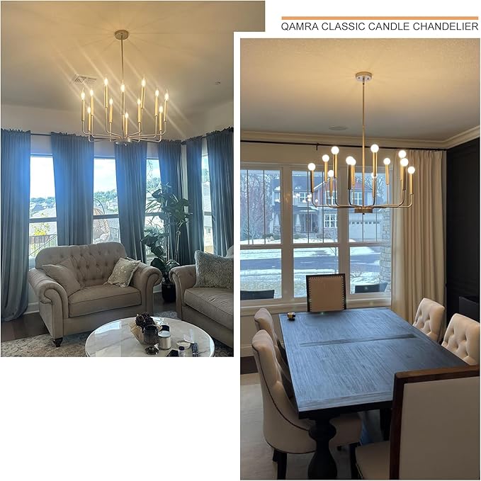 Qamra Modern Farmhouse Gold Chandelier for Dining Room, 12-Light Rustic Candle Chandelier Light Fixture, Industrial Hanging Chandeliers Lighting for Living Room, Kitchen, Staircase, Entryway, Foyer