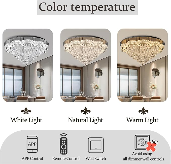 Flashing God 40inches Modern Crystal Chandelier for Living Room Round Ceiling Pendant Light Fixtures Luxury Flush Mount Chandelier for Entry Dining Room Bedroom