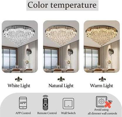 Flashing God 40inches Modern Crystal Chandelier for Living Room Round Ceiling Pendant Light Fixtures Luxury Flush Mount Chandelier for Entry Dining Room Bedroom