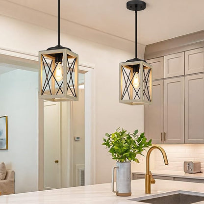 DEWENWILS Farmhouse Pendant Light, Metal Hanging Light Fixture with Wooden Grain Finish, 48" Adjustable Pipes for Flat and Slop Ceiling, Kitchen,Island, Living Room, Bedroom, E26 Base