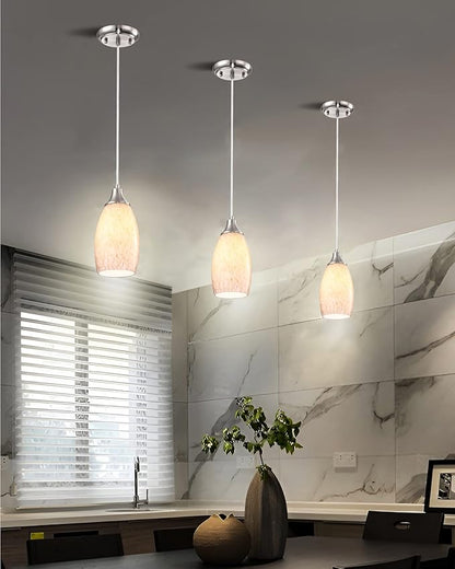 Mini Milk Glass Pendant Light,Handcrafted Beige Glass Pendant Hanging Light fixtures Small Pendant Light with Brushed Nickel Adjustable Cord for Kitchen Island,Bed Room,Hallway,Dining Room,Stairs