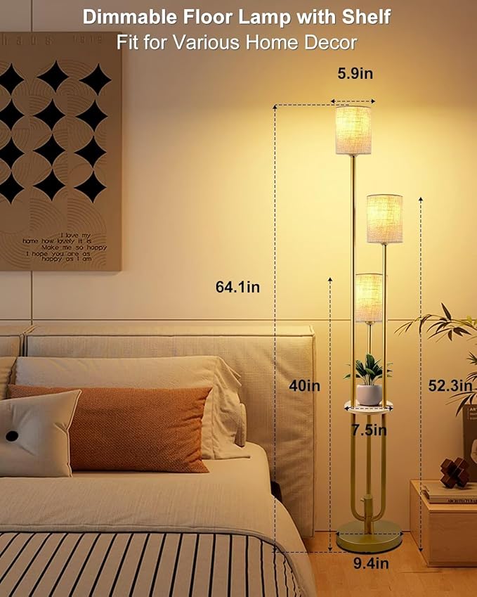Gold Floor Lamp Dimmable 64IN Tall Standing Lamps with Soft Warm White Eye Care 3000K G9 Bulbs, Mid Century Modern Floor Lamp with 5Lbs Heavy Base for Livng Room Bedroom