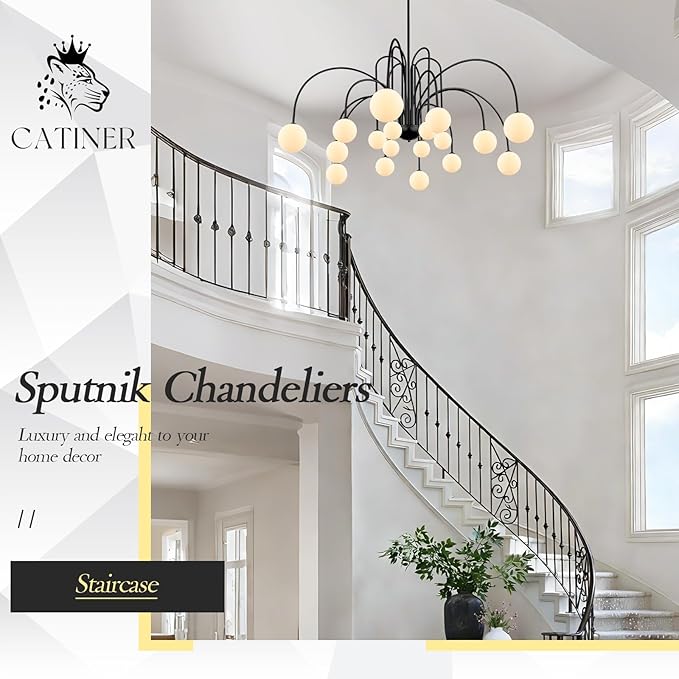 CATINER Modern Black Sputnik Chandeliers Extra Large 18 Lights L59”Mid Century Ceiling Pendant Lighting Fixture with Milk Glass Globe Shades for High Ceiling Living Room Foyer Staircase