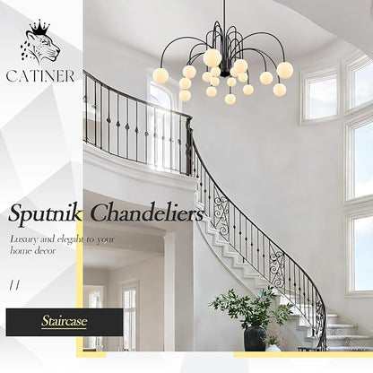 CATINER Modern Black Sputnik Chandeliers Extra Large 18 Lights L59”Mid Century Ceiling Pendant Lighting Fixture with Milk Glass Globe Shades for High Ceiling Living Room Foyer Staircase