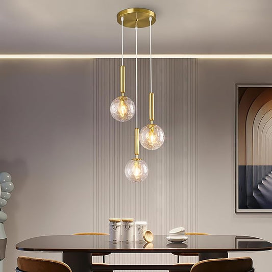 Mid Century Globe Pendant Light with Clear Glass for Kitchen Island Modern Gold Finish Hanging Light Fixture Retro Round Pendant Lighting for Living Room Bedroom Entryway(3 Lights)