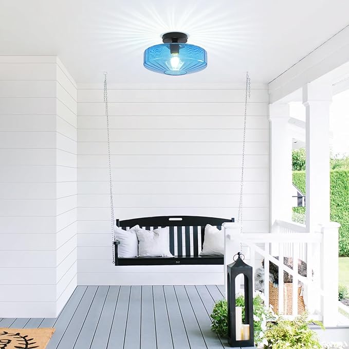 Blue Glass Ceiling Light, 11.8 Inches Mid Century Semi Flush Mount Ceiling Light Retro Small Chandelier Glass Overhead Lighting for Girl's Room Kids Room Nursery Bedroom Closet Hallway E26