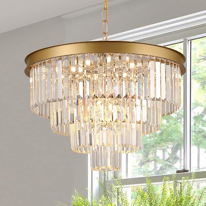 A AXILIXI Modern Crystal Chandeliers Gold 24” Round Chandelier for Dining Room 12 Light Ceiling Pendant Light Fixture Raindrop Luxury Gold Flush Mount Chandelier for Entryway Living Room